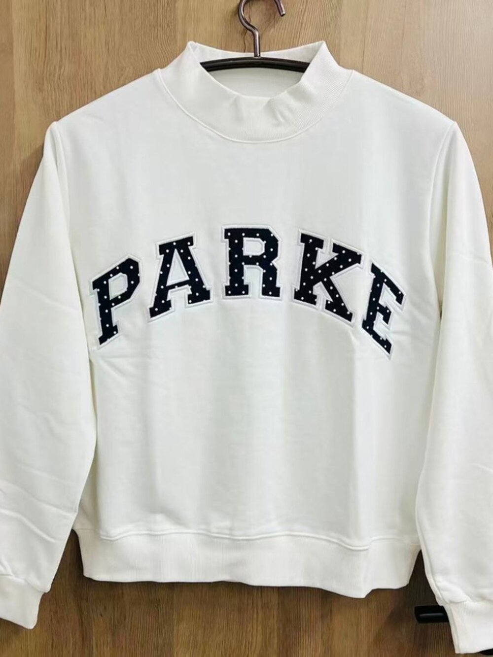 PARKE White Mock Neck Sweatshirt Polka‑Dot Letter Patch Size S/M